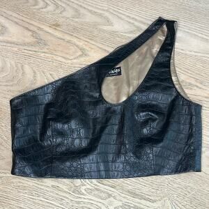 Karunas Eco Leather Crocodile Embossed One Shoulder Crop Top Tank Black XS/S